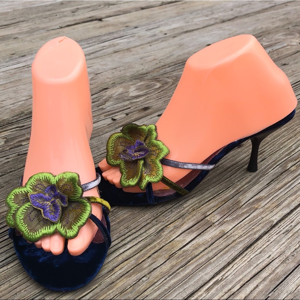 Cole Haan Velour Embroidered Flower Kitten Heels
